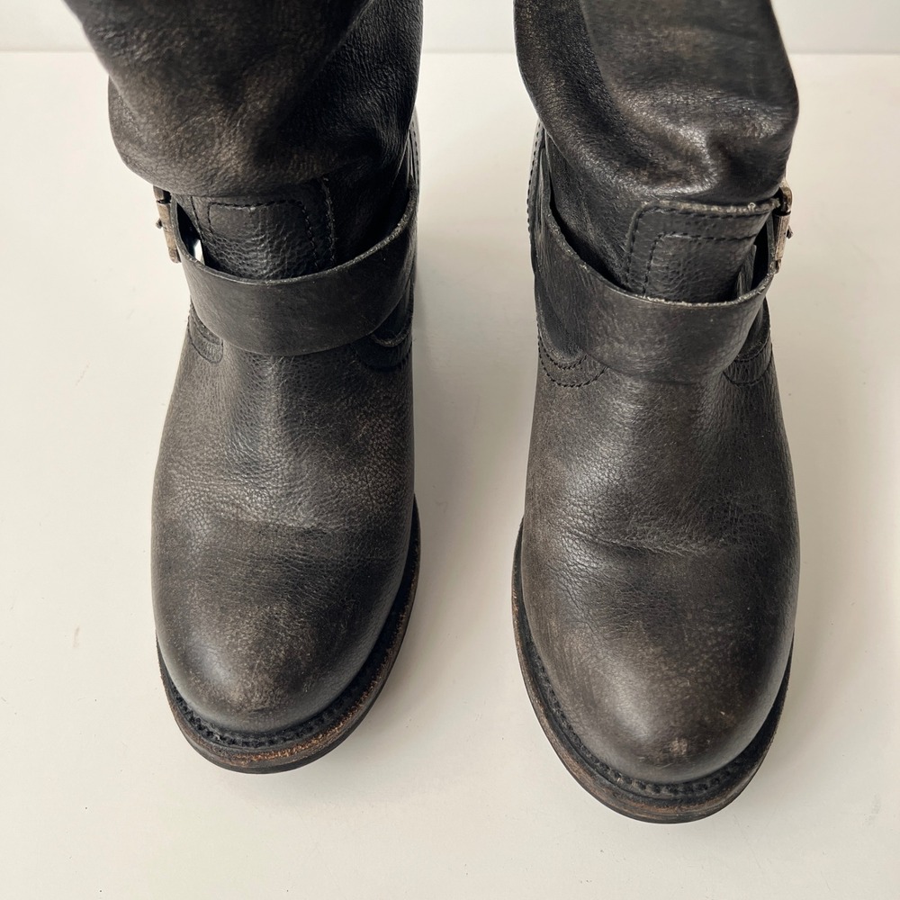 Vintage Frye Slouch Campus Boots Size 8 Black Leather Moto Biker Knee High Tall - Picture 11 of 14